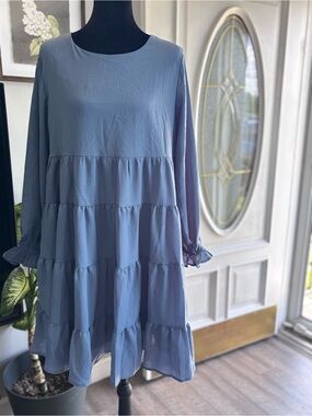 Light Blue Tiered Long-Sleeve Mini Dress